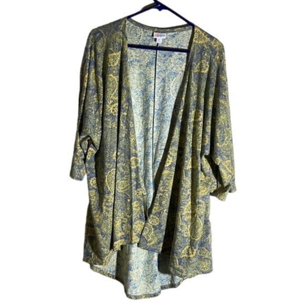 Women's Lularoe Lindsay Duster Kimono Blue Yellow Paisley Size Medium NWT #2339